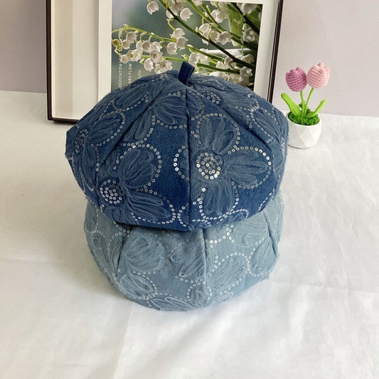 Solvia Denim Sunflower Sequin Beret