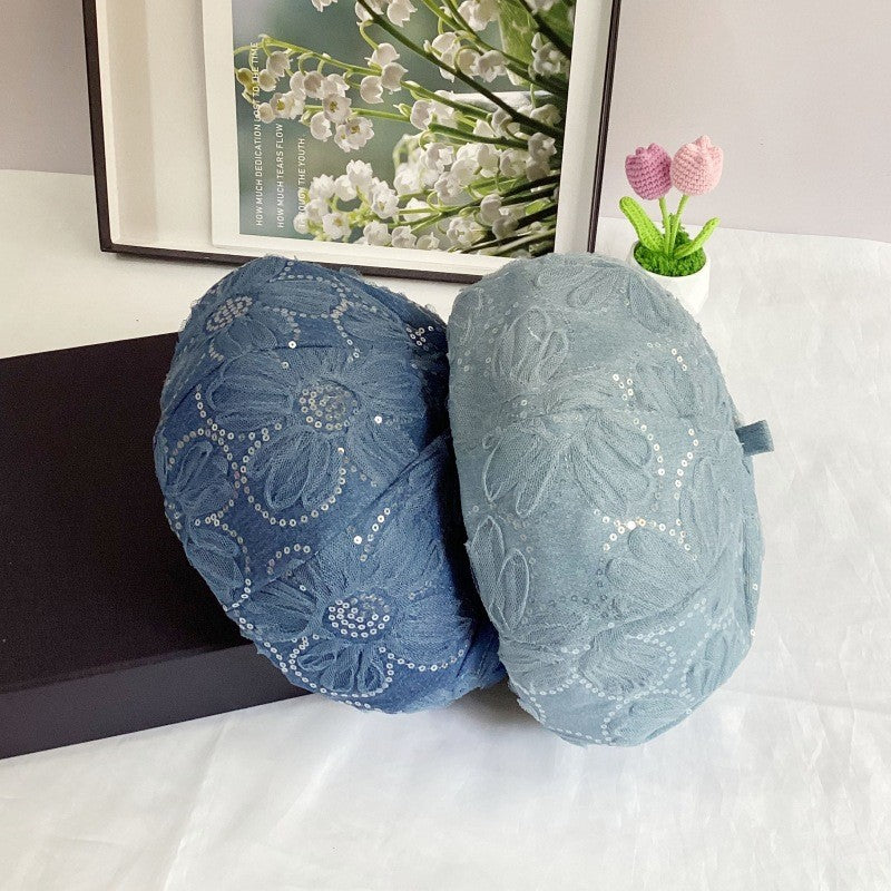 Solvia Denim Sunflower Sequin Beret