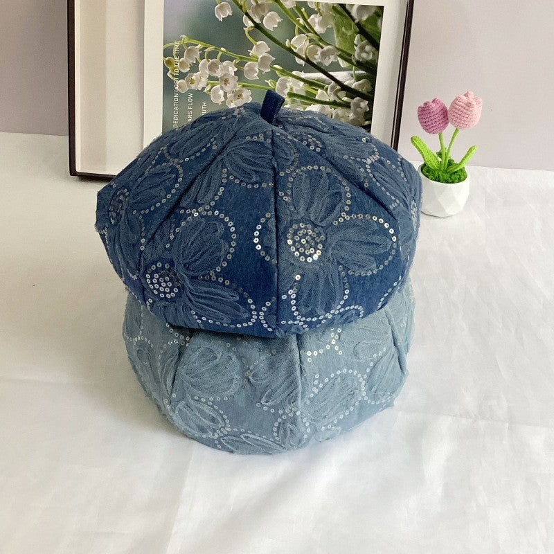 Solvia Denim Sunflower Sequin Beret