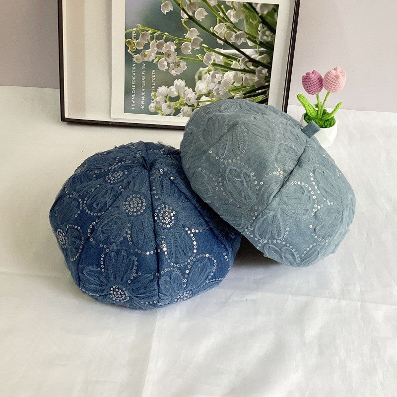 Solvia Denim Sunflower Sequin Beret