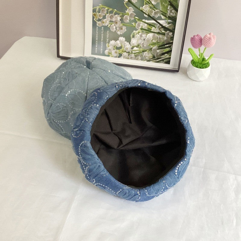 Solvia Denim Sunflower Sequin Beret