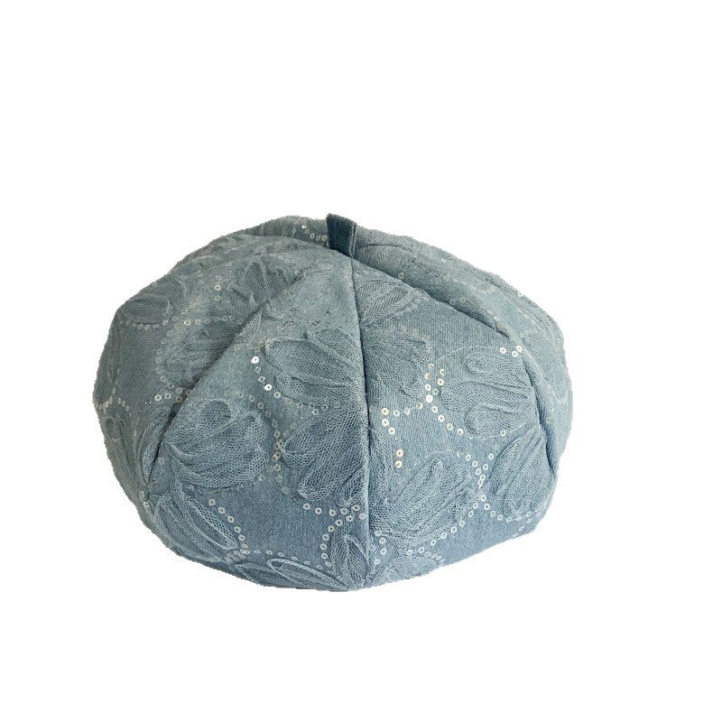 Solvia Denim Sunflower Sequin Beret