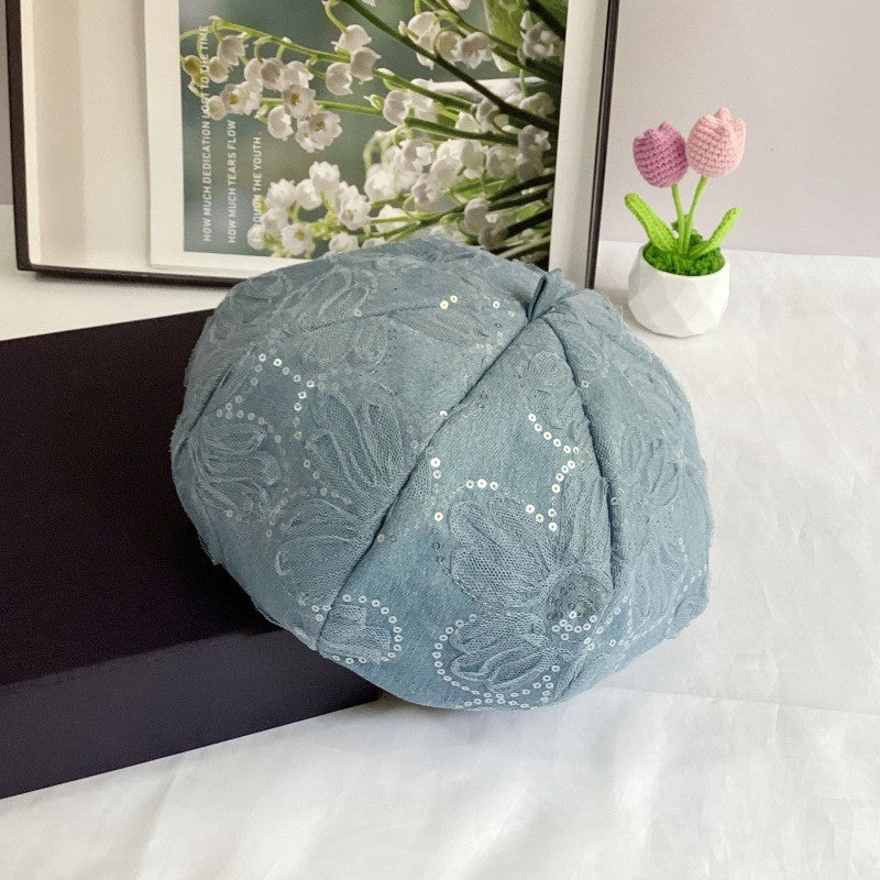 Solvia Denim Sunflower Sequin Beret